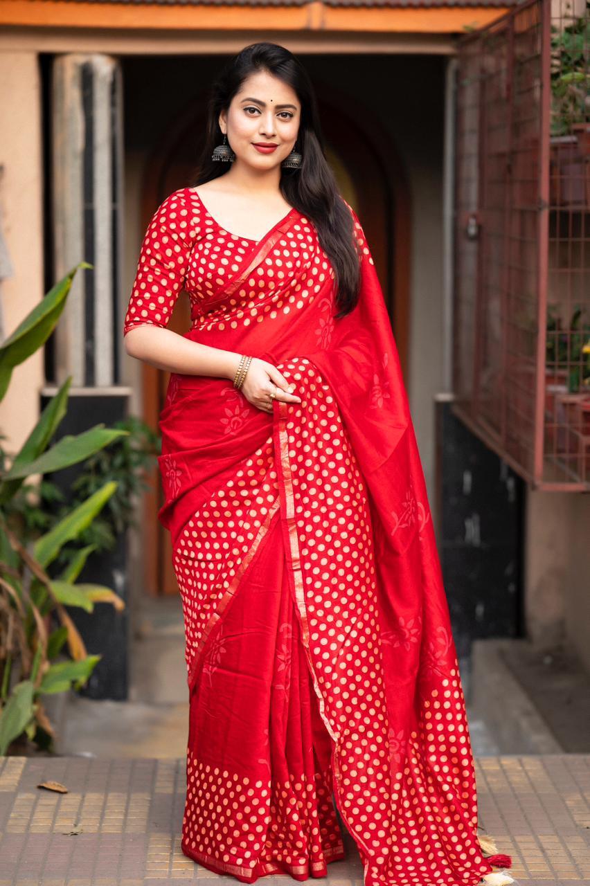 Red Pure Chanderi Hand Block Saree with Unstitched Blouse - Hiral Fashion