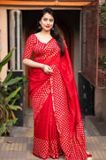 Red Pure Chanderi Hand Block Saree with Unstitched Blouse - Hiral Fashion