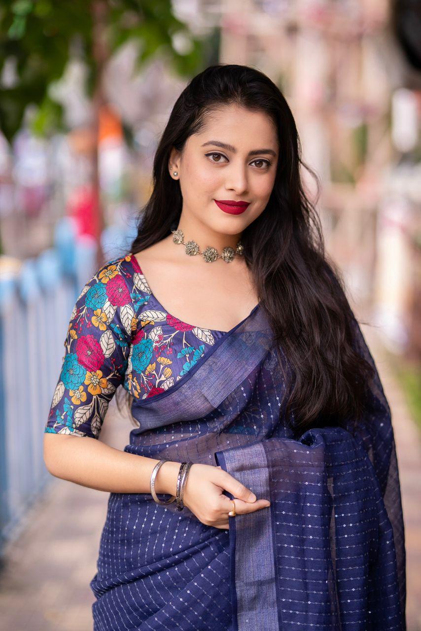 Nblue Linen Sequence Saree with Unstitched Blouse - Hiral Fashion