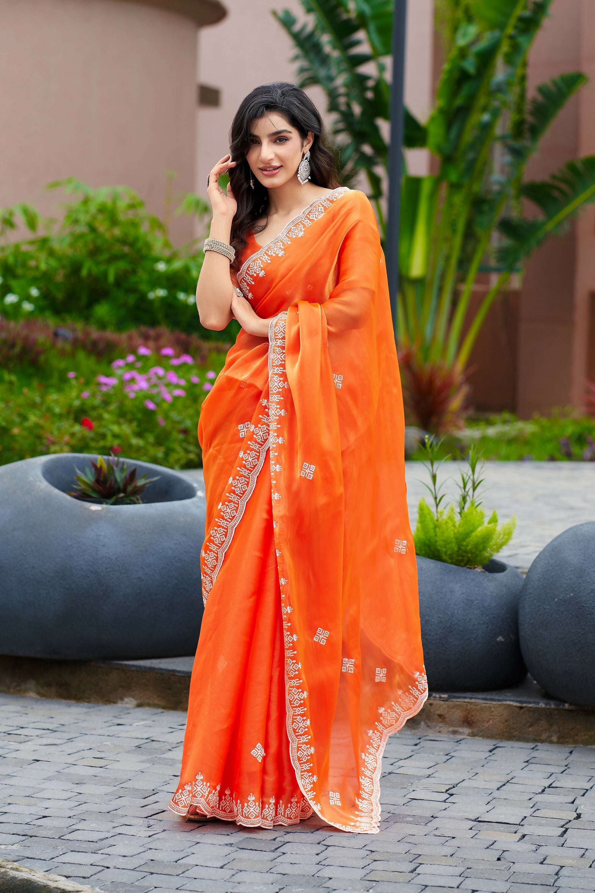 Vastranavya Orange Embroidery Work Shimmer Chiffon Saree with Unstitched Blouse
