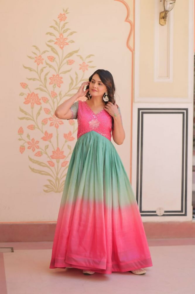 Vastranavya Pink Gold Crush Padding With Beads Embroidered Work Gown