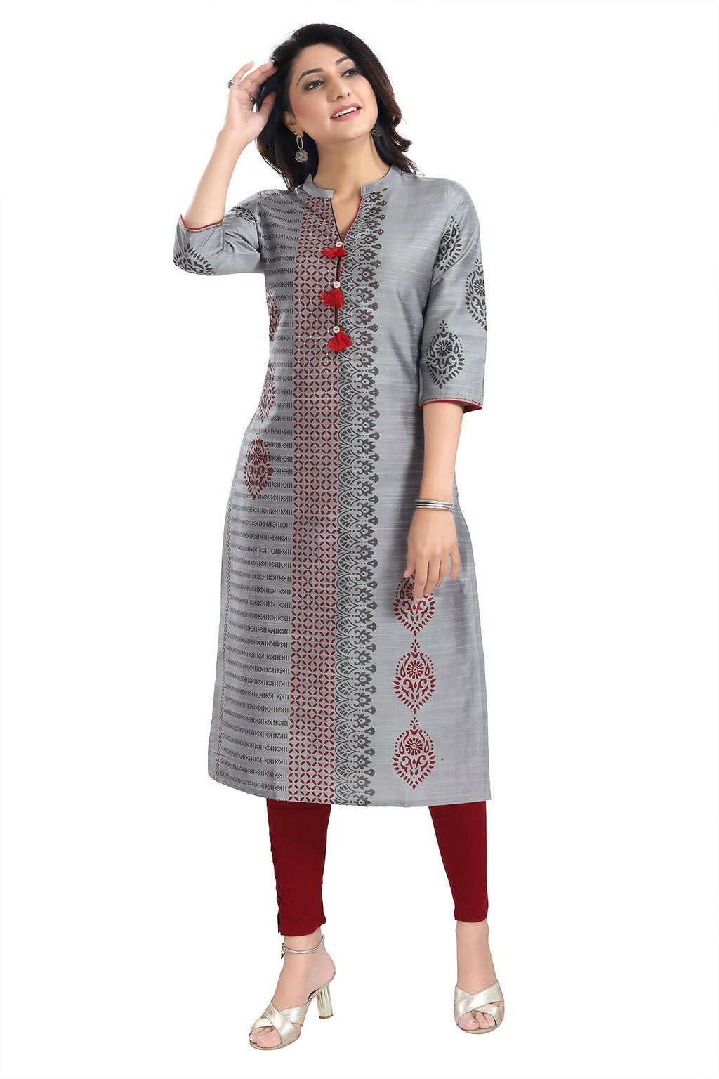 Snehal Creations Grey Raw Silk Block Print Long Kurta For Women