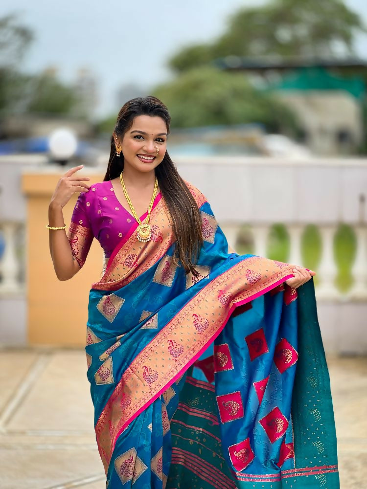 PR Fashion Firozi Soft Banarasi Silk With Zari Weaving Meenakari Design Saree