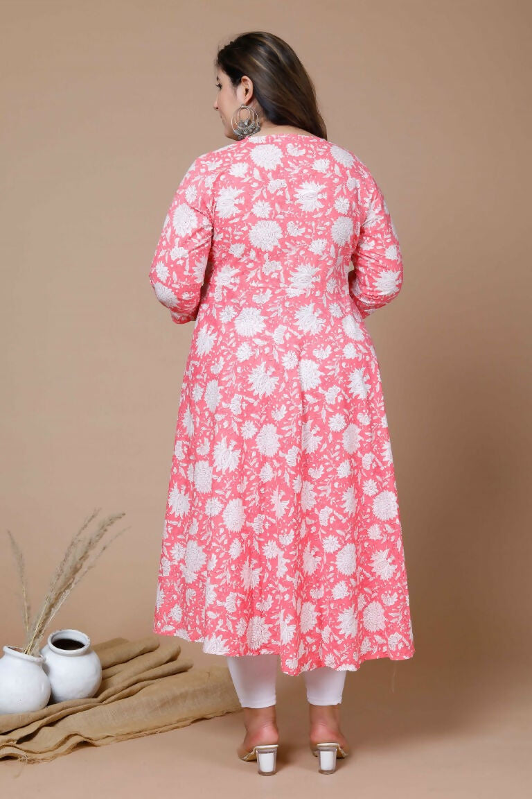 Miravan Women's Pink Plus Size Cotton Floral Print Anarkali Kurta With Dupatta
