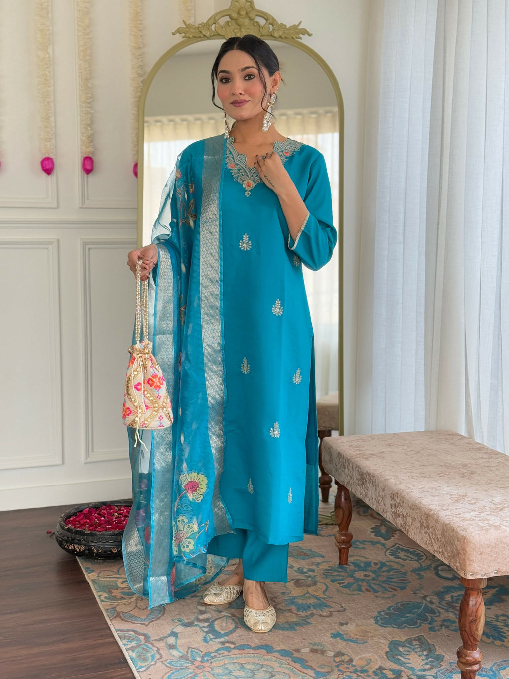 The52 Blue Women's Gorgeous Viscose Fabric Embroidered Work Straight Kurta, Pant and Dupatta Set