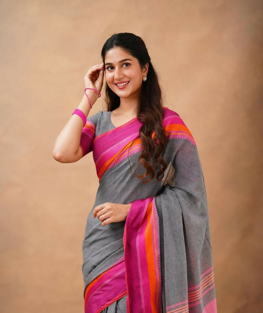 Exclusive Collection Grey Beautiful Khadi Cotton Handloom Saree