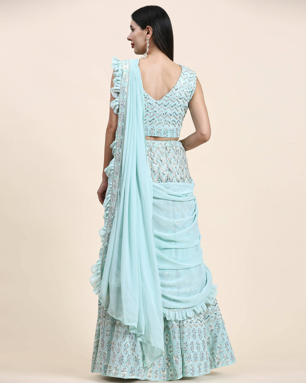 Sky Blue Pure Viscose Georgette Thread With Sequins Embroidery Work Lehenga Choli With Dupatta - Tanya