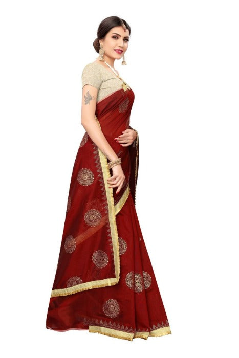Vamika Chanderi Cotton Foil Print Maroon Saree (GOLDEN BIRD MAROON)