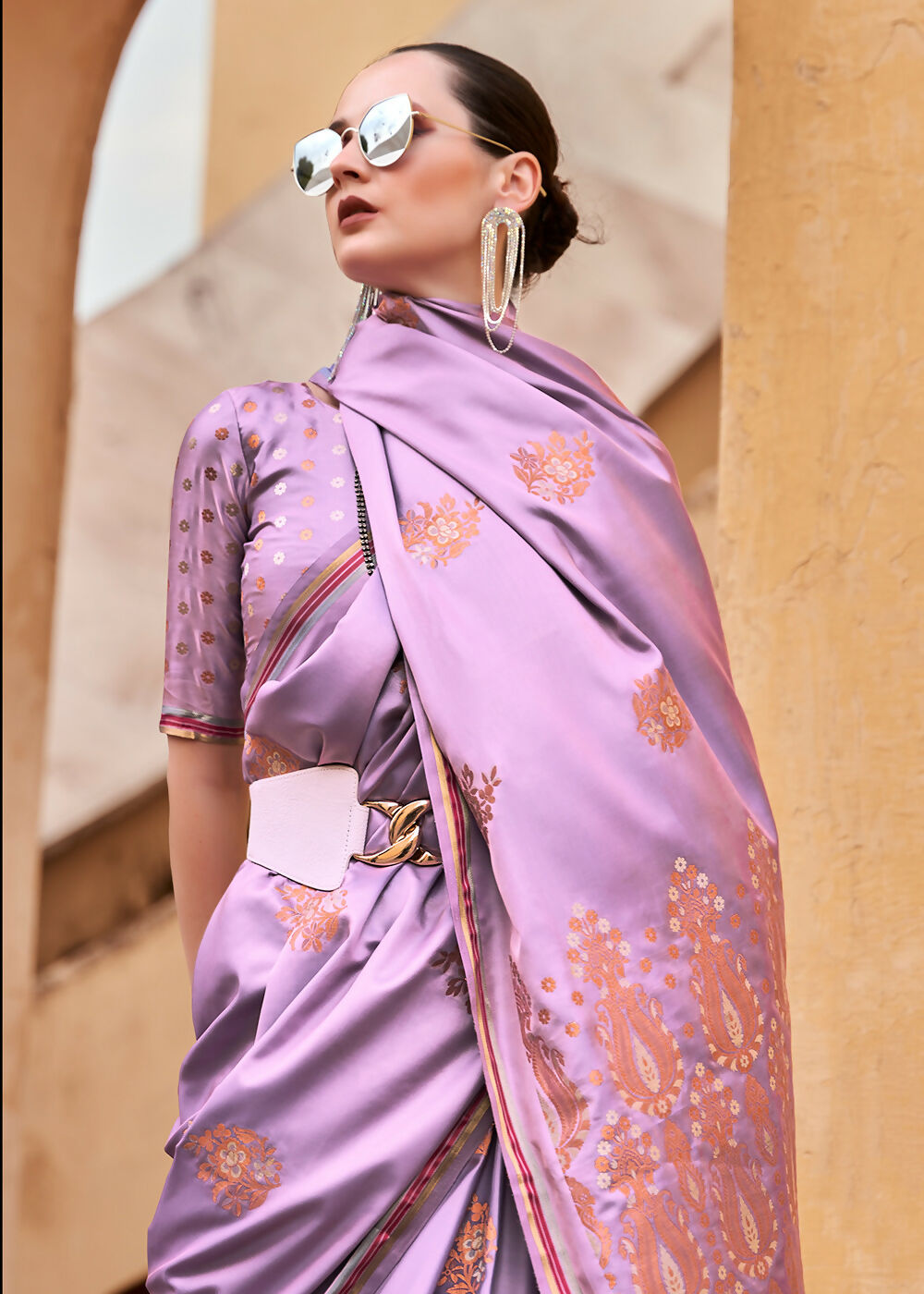 Lilac Purple Pure Satin Zari Weaving Wedding Festive Saree - Emponline