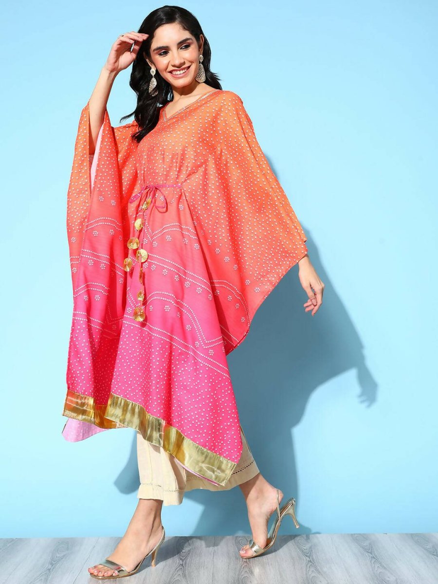 Ahalyaa Women's Orange Cotton Blend Printed Kaftan Kurta