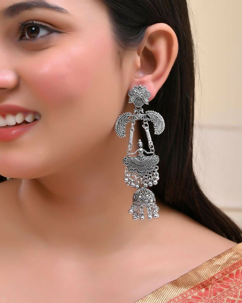 VOJ Silver Plated Oxidized Dancing Drop Earrings