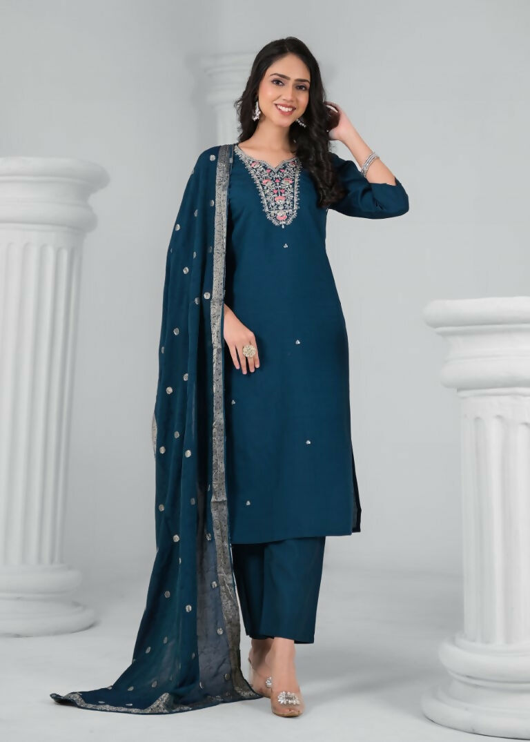 Ethnic Festive Wear Chanderi Rama Stitched Suit With Dupatta - Tanisha