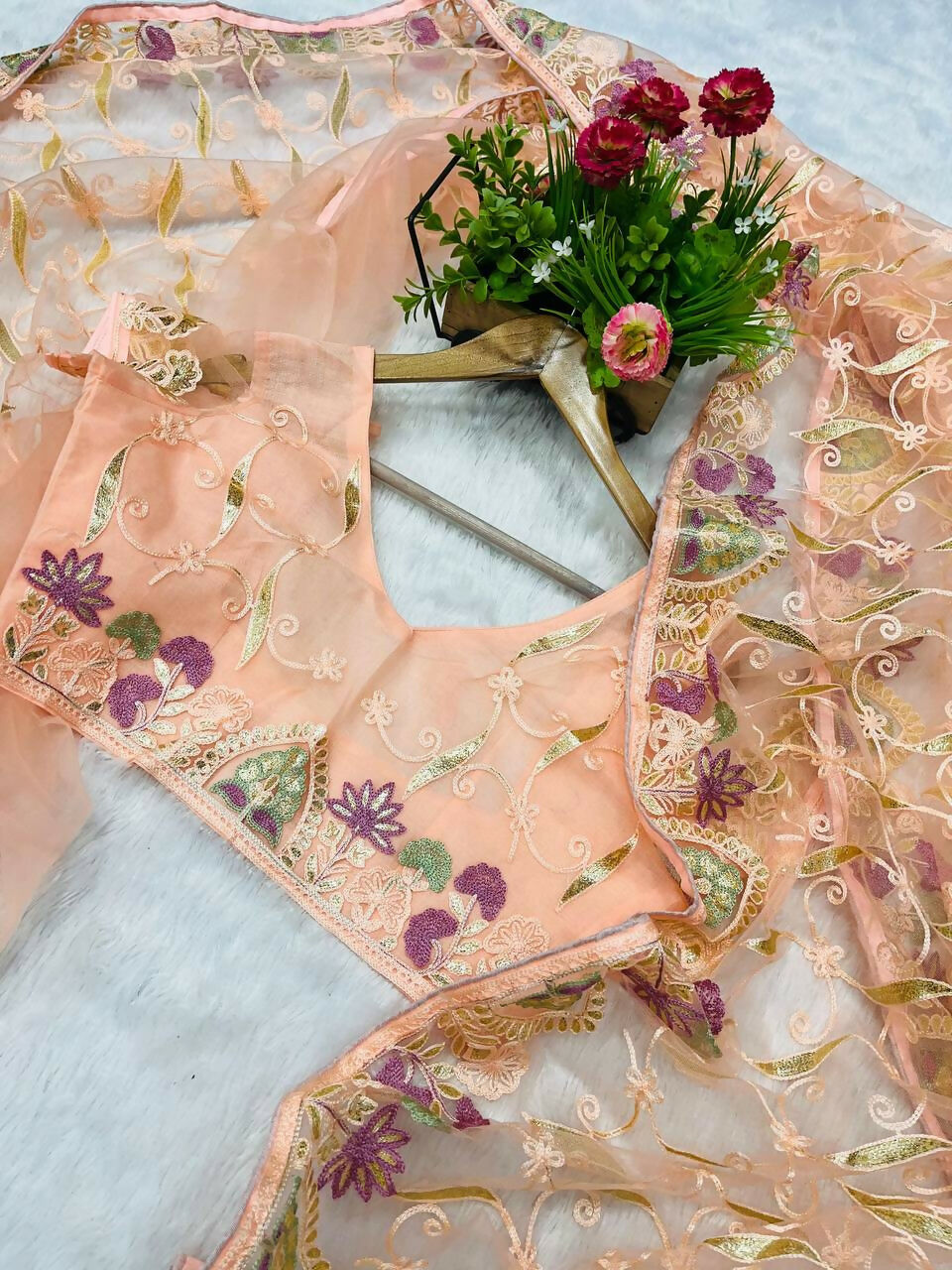 Vastranavya Soft Crush Georgette With Embroidery and Foil Multi Thread Work Saree - Peach