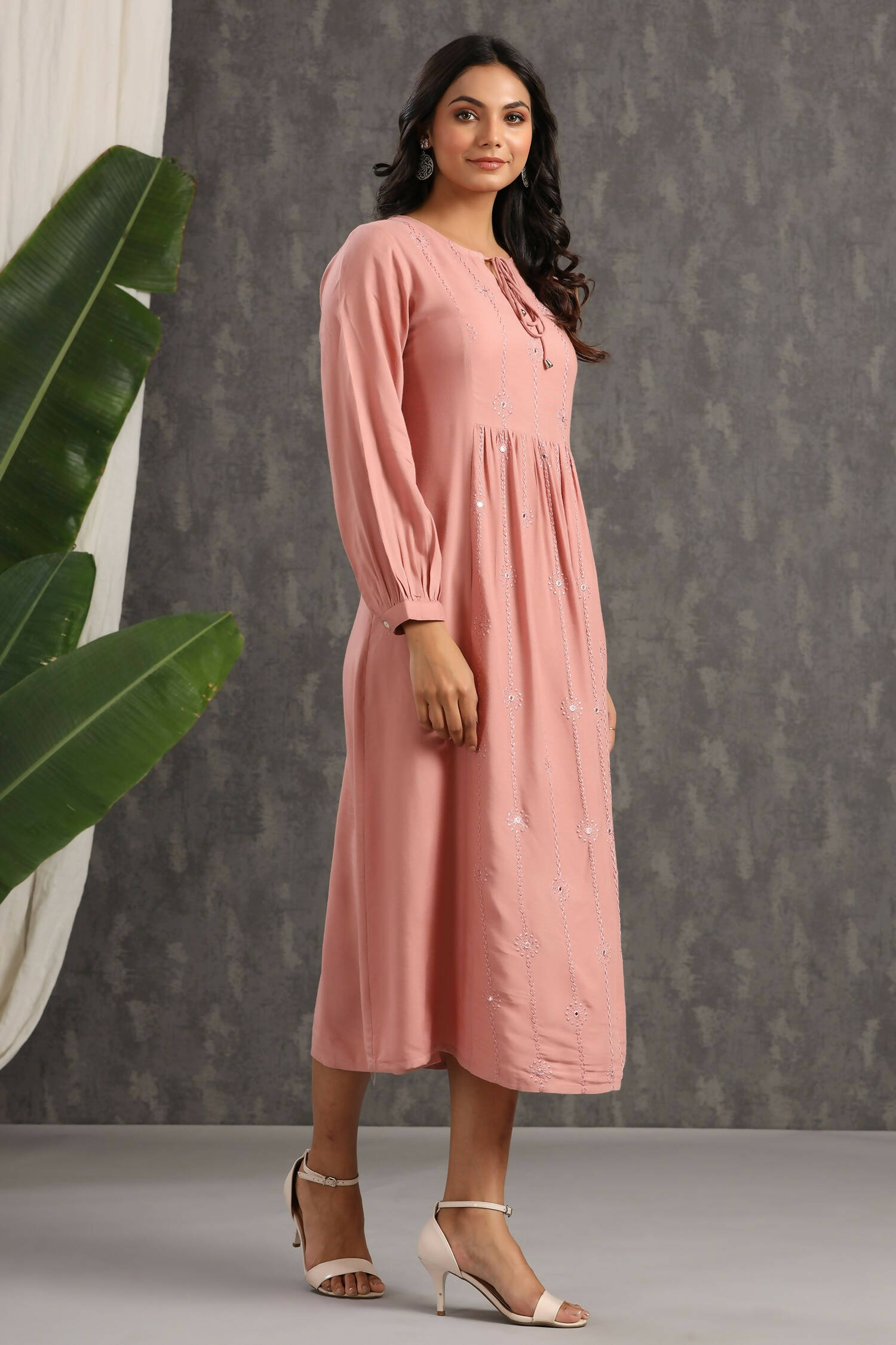 Juniper Womens Onion Pink Rayon Solid Maxi Dress With Mirror Embroidery And Full Sleeve