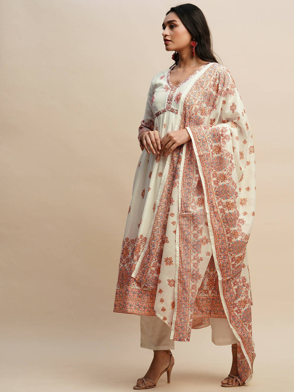 White And Peach Pure Cotton Floral Printed Anarkali Kurta And Bottom With Dupatta - Akashara