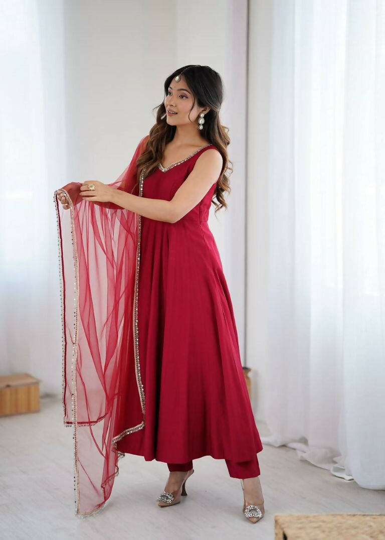 Teeya Creation Maroon Color Pure Roman Silk Mirror Lace Party Wear Gown