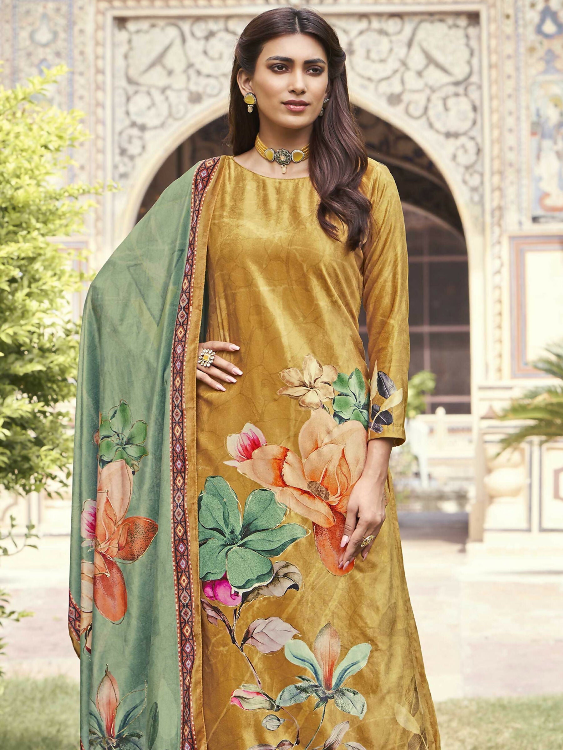 Jyoti Fashion Women's Mustard Velvet Floral Digital Printed Kurta with Trouser & Dupatta
