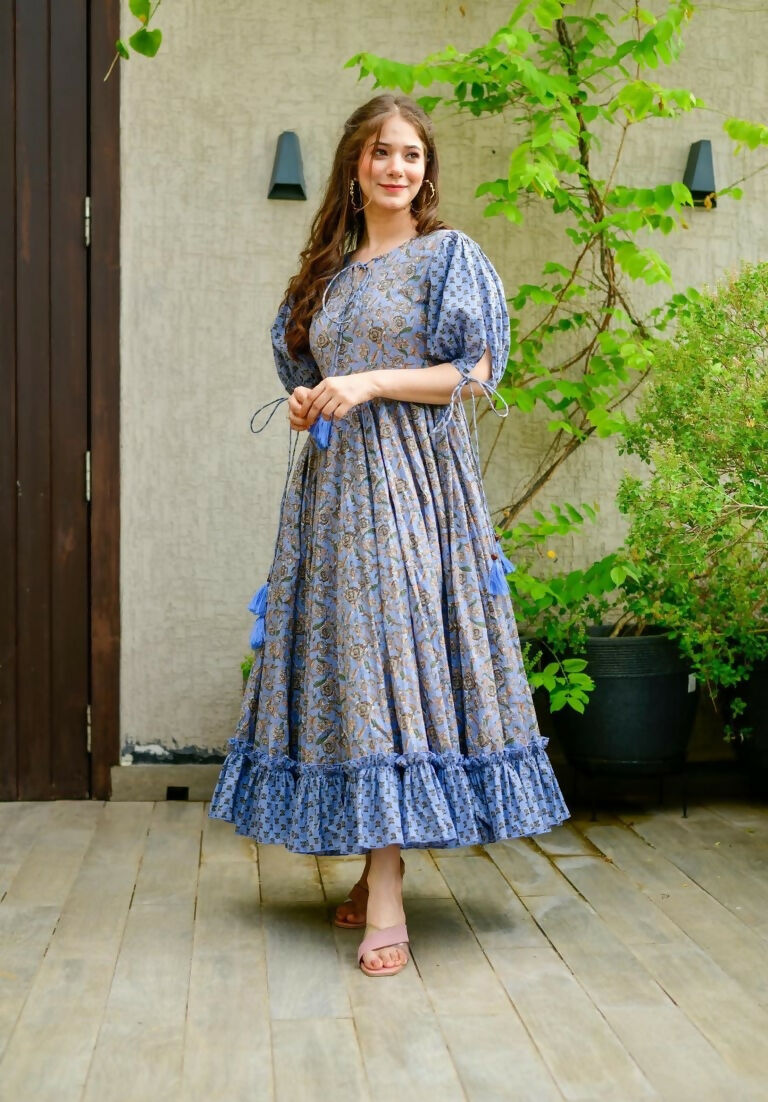 Jyoti Fashion Women's Blue Heavy Digital Printed Cotton Silk Anarkali Dress
