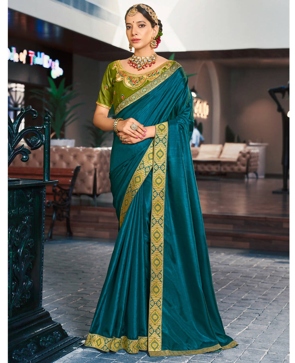 Teal Solid Vichitra Saree With Unstitched Blouse Piece - Selena