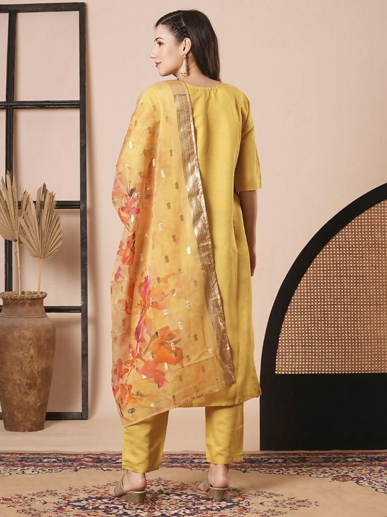 Yellow PV Chanderi Embroidery Work,Printed Kurta Set - Riya