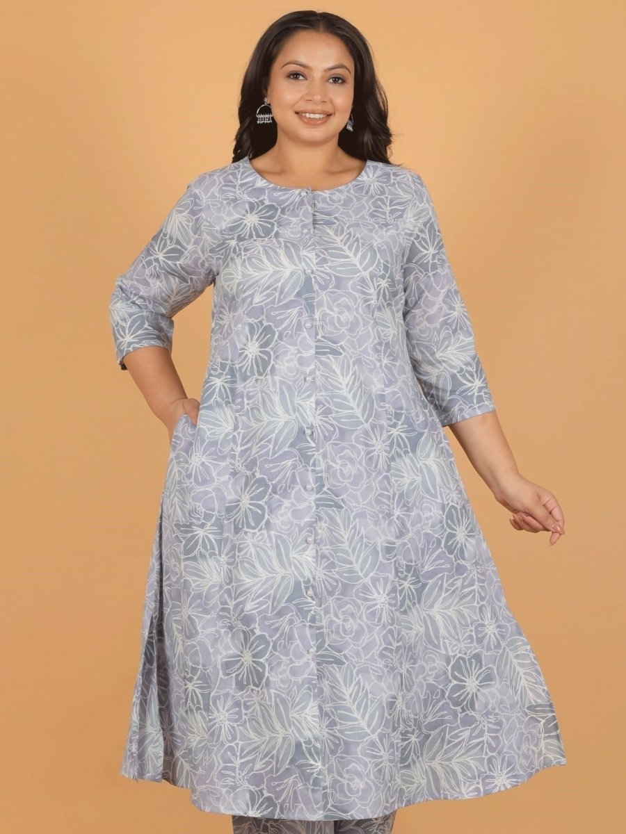 Aramya Grey Soft Cotton Floral A-line Kurta for Women