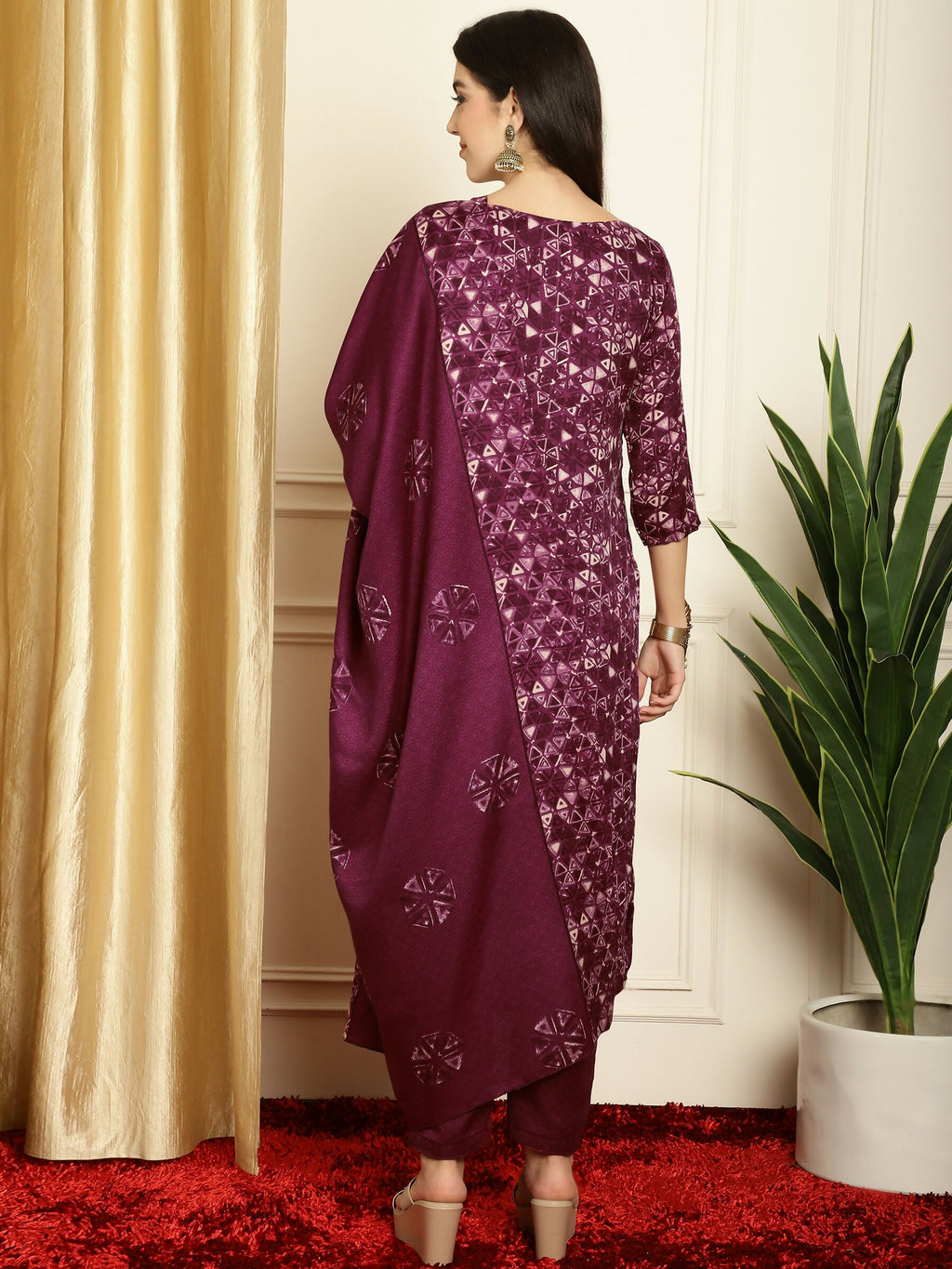 Jyoti Fashion Women's Wine Pashmina Floral Digital Printed Kurta with Trouser & Dupatta