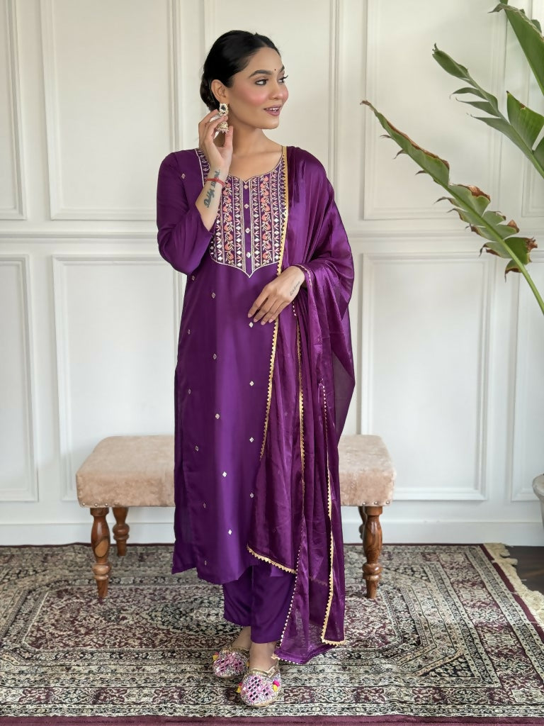 Purple Rayon Slub Stitched Suit With Dupatta - Tanisha
