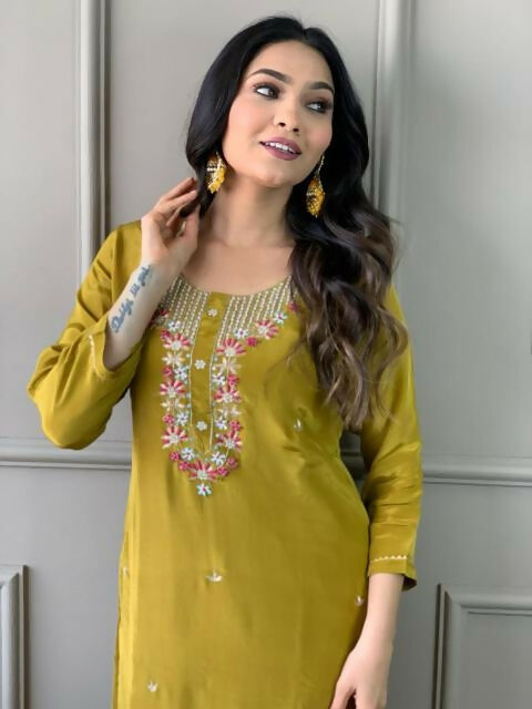 The52 Mustard Gorgeous Embroidered Viscose Chanderi Fabric Straight Kurta Pant with Dupatta Set