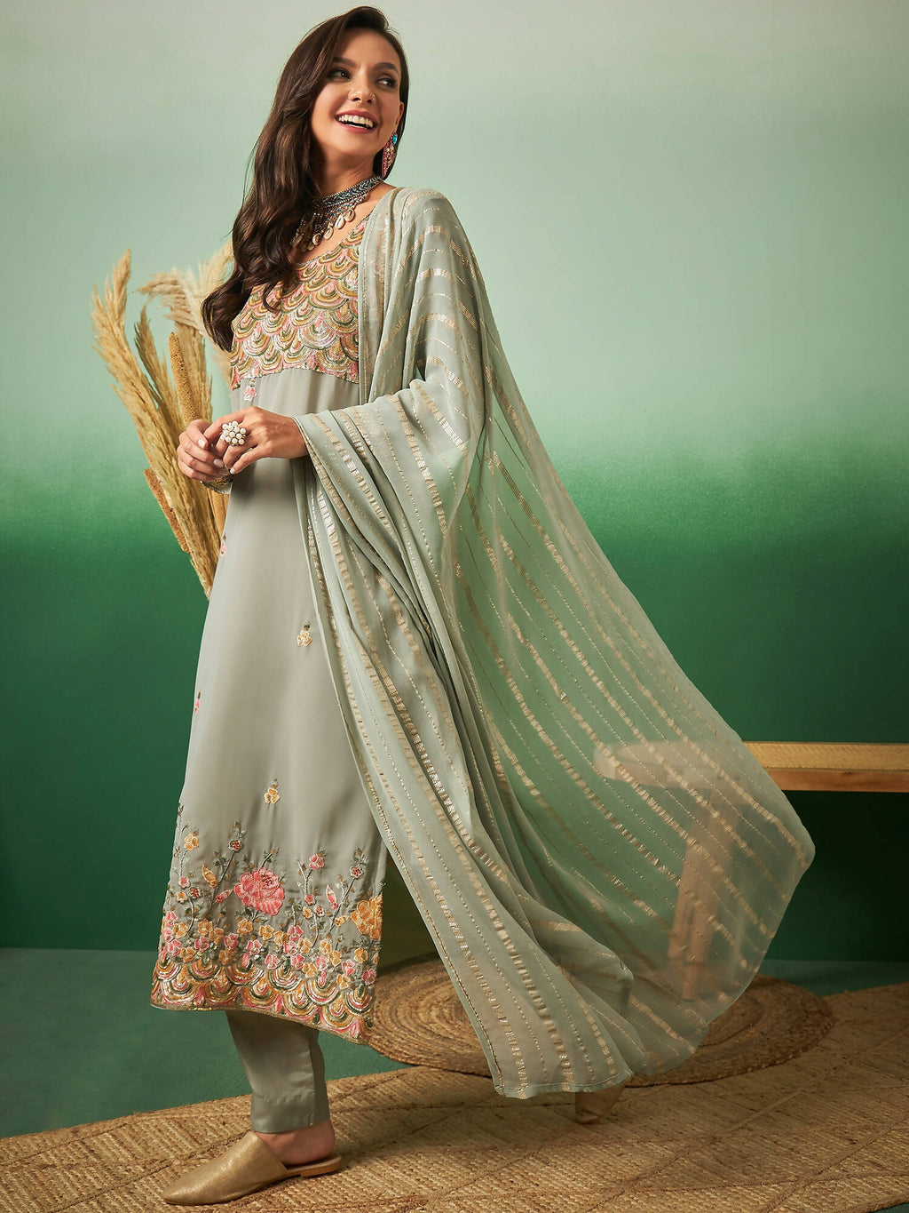 Light Green Georgette Handwork Unstitched Dress Material - Hanika