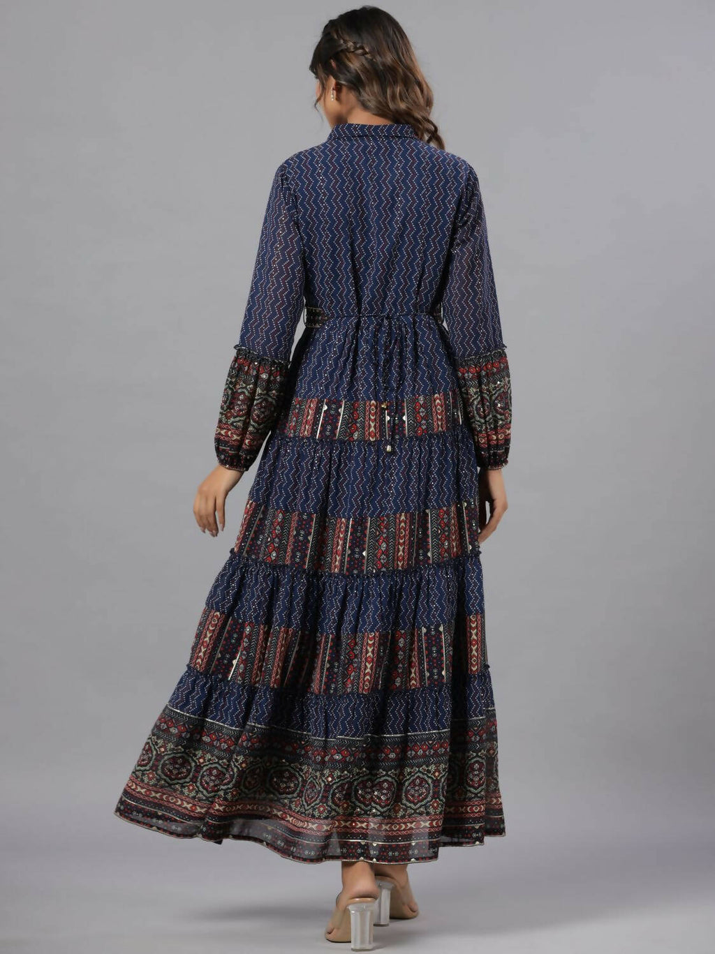 Juniper Women Navy Blue Georgette Printed Tiered Maxi Dress