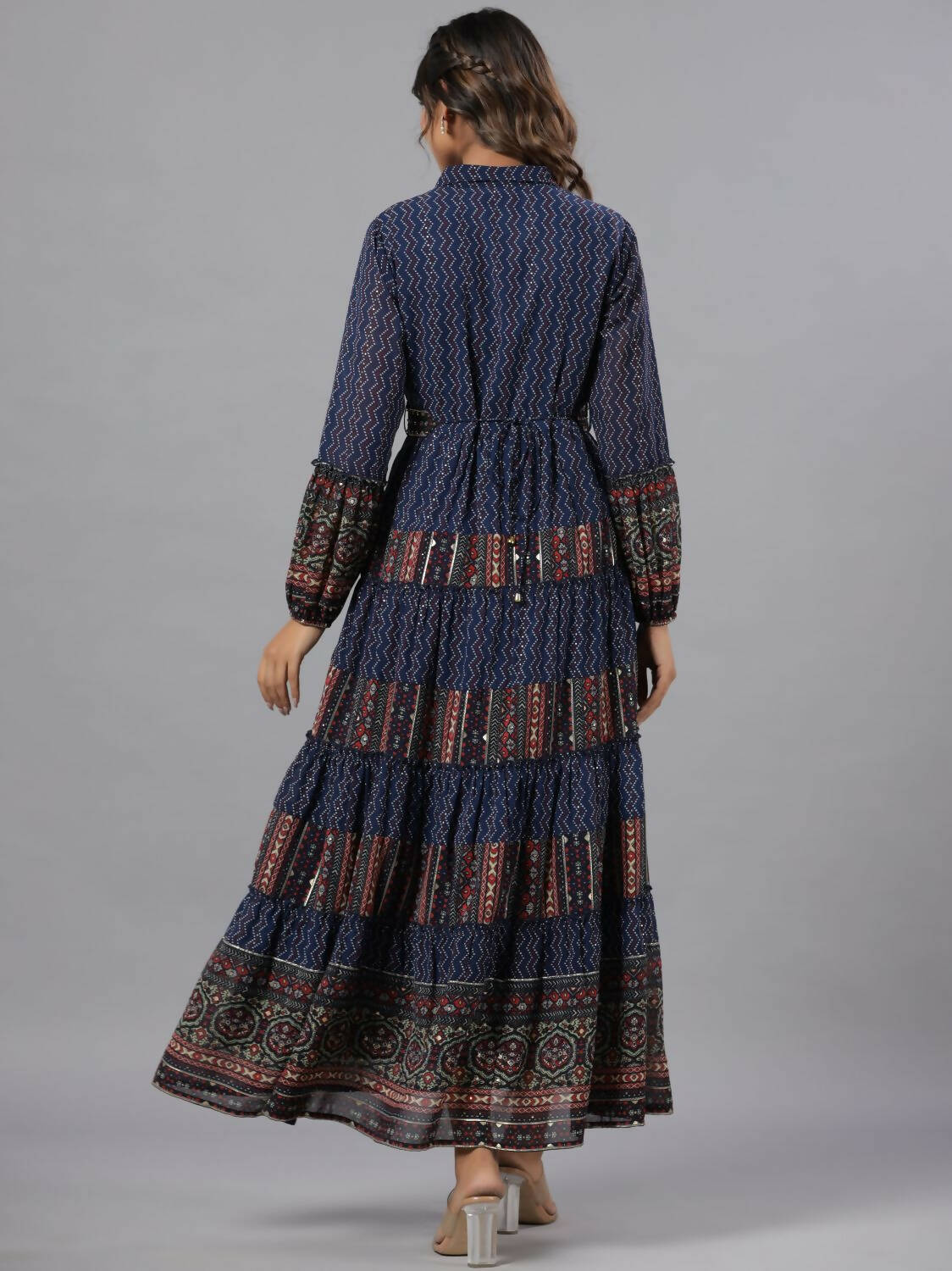 Juniper Women Navy Blue Georgette Printed Tiered Maxi Dress