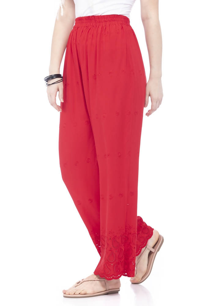 Mominos Fashion Reyon Cotton Red Embroidery Chikan Palazzo
