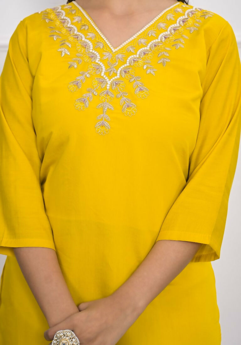 Yellow Viscose Silk Embroidery with Thread and sequence Stitched Suit With Dupatta - Tanisha