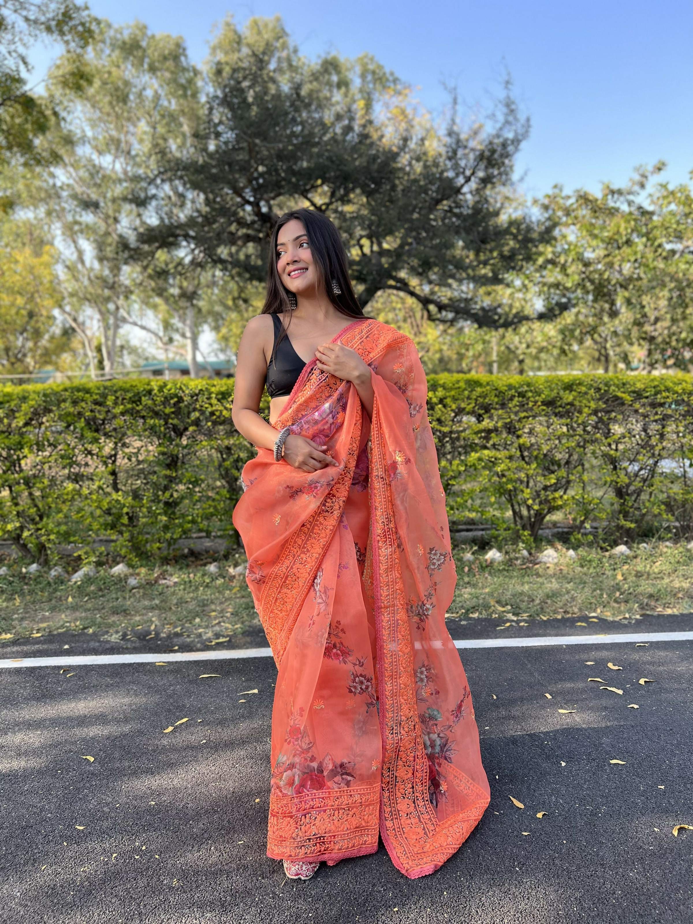 Vamsee Vidhi 1 Orange Organza Saree