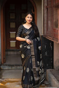 Black Cotton Crepe Batik Print Saree with Unstitched Blouse - Hiral Fashion