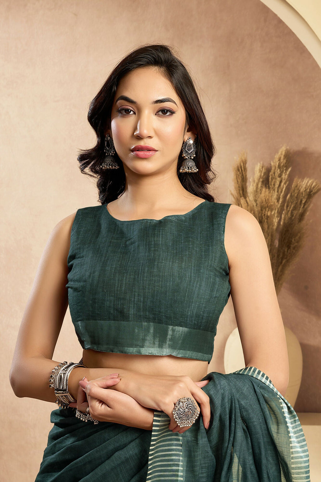 Vastranavya Morpeach Digital Printed Linen Ready To Wear Pocket Saree with Unstitched Blouse