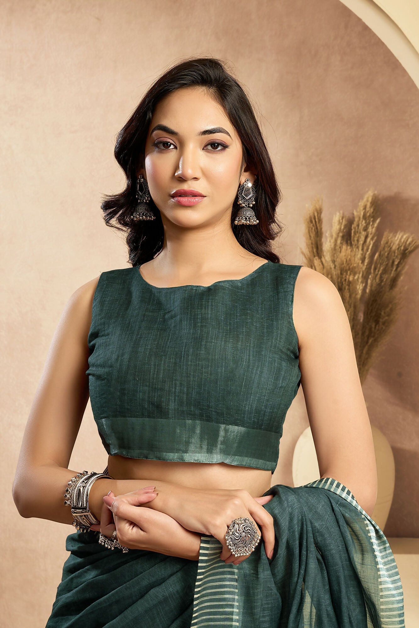 Vastranavya Morpeach Digital Printed Linen Ready To Wear Pocket Saree with Unstitched Blouse