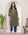 Vaasva Blue Ajrakh Cotton Printed Gathered Kurti With Pant