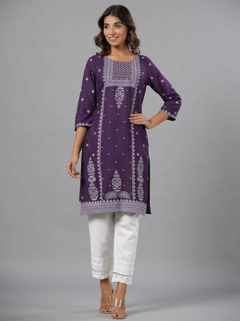 Juniper Women Purple Rayon Printed Knee Length Straight Kurta