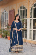 Vastranavya Premium Designer Faux Blooming with Embroidery Zari Sequins work Gown - Teal