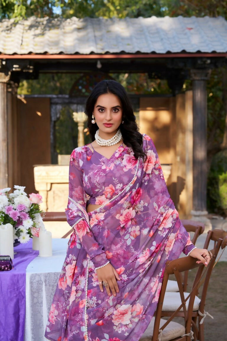 Vastranavya Onion Weightless Marble Printed & Pearl Lace Border Saree with Unstitched Blouse