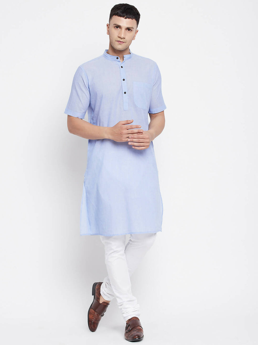 Even Apparels Blue Pure Cotton Men's H/S Kurta With Band Collar