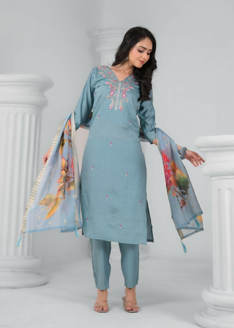 Ethnic Festive Wear Chanderi Viscose Sky Stitched Suit With Dupatta - Tanisha