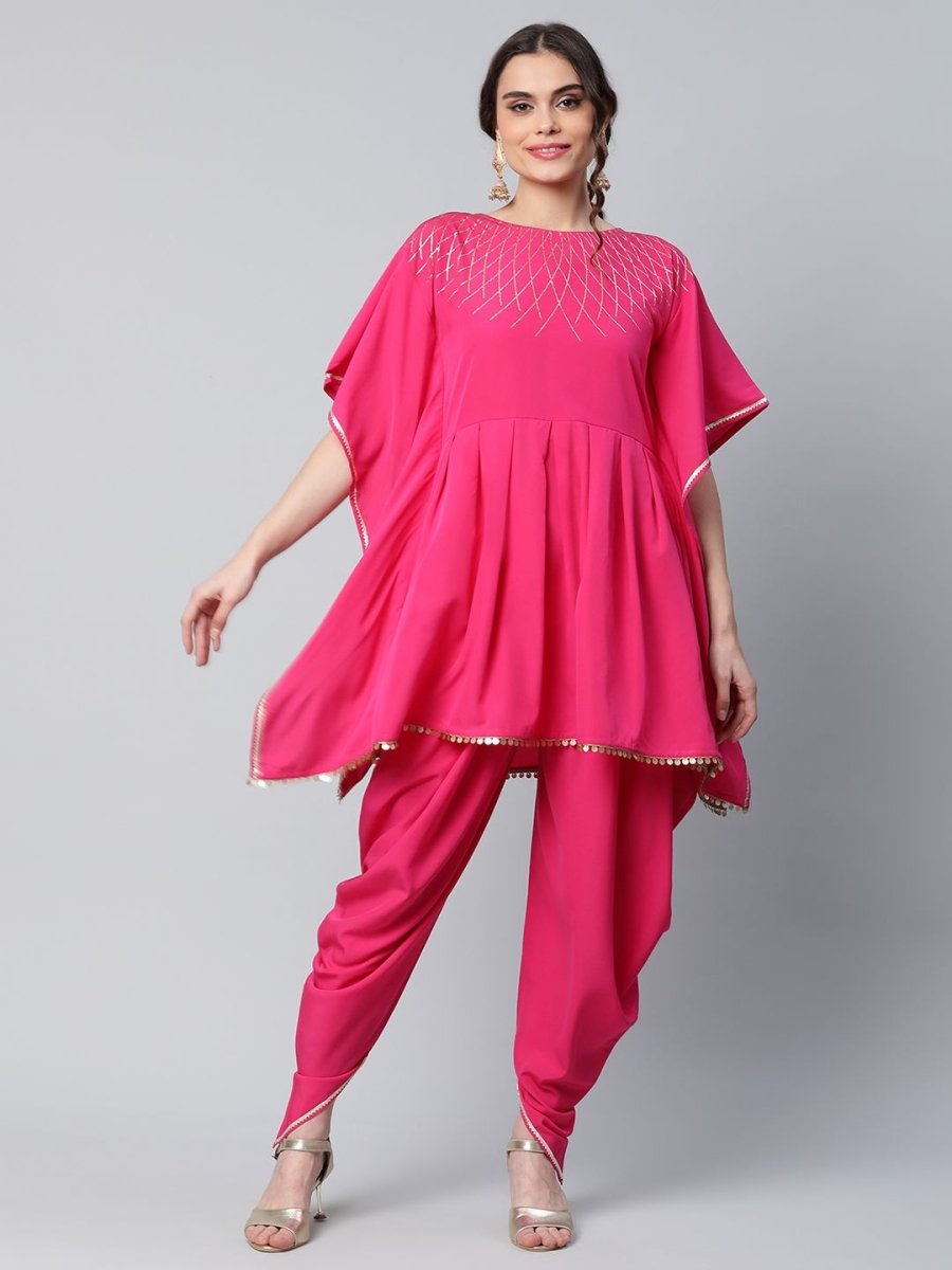 Ahalyaa Women Pink Crepe Glitter Printed Kurta with Dhoti Pants