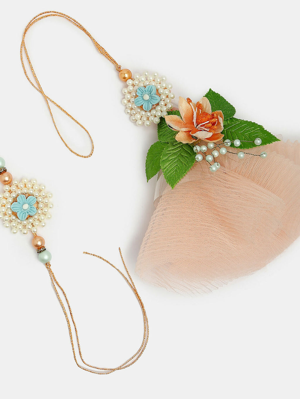 NVR Women & Men Set of 2 Peach Floral Design Pearl Beaded Bhaiya Bhabi Rakhi With Roli Chawal