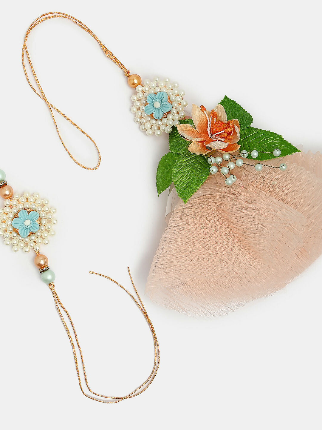 NVR Women & Men Set of 2 Peach Floral Design Pearl Beaded Bhaiya Bhabi Rakhi With Roli Chawal