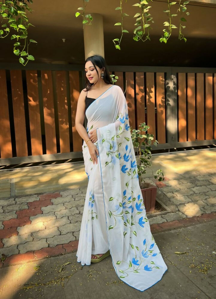 Vamsee Aditi White Georgette Saree
