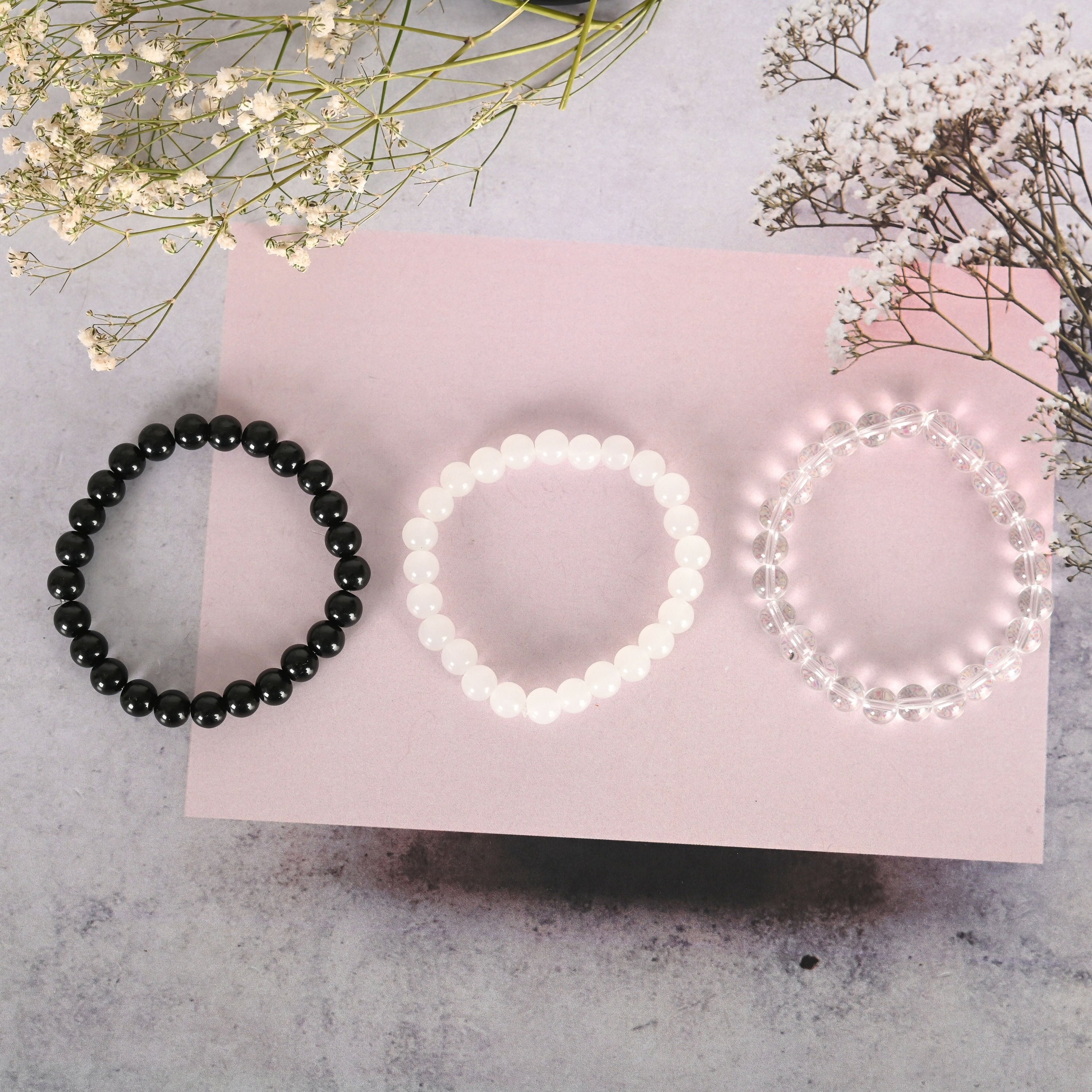 NVR Men & Women Transparent & White & Black Marbel Crystal Elasticated Bracelet