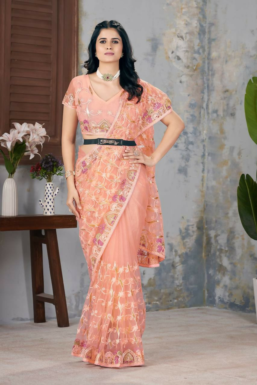Vastranavya Soft Crush Georgette With Embroidery and Foil Multi Thread Work Saree - Peach