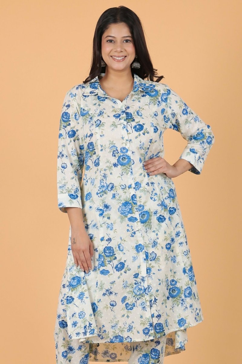 Aramya White Textured Cotton Floral High Low Kurta for Women